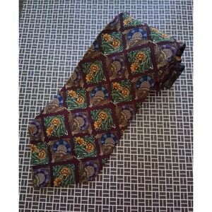 UNICEF Silk Necktie 58"× 4" Burgundy Green Blue Taupe Floral Ceramic Tiles